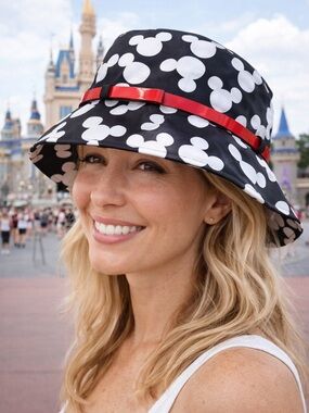 Disney Mickey Mouse Black & White Rain Bucket Hat Adult Red Bow NWT
